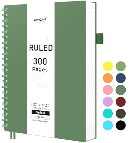 RETTACY A4 Notizblock, Notizbuch, Spiralgebundene Notizbücher, 300 Blatt/150 Seiten Zum Schreiben, 100 G/m² College-liniertes Papier, PVC-Hardcover, 21,5 x 27,9cm - Dunkelgrün