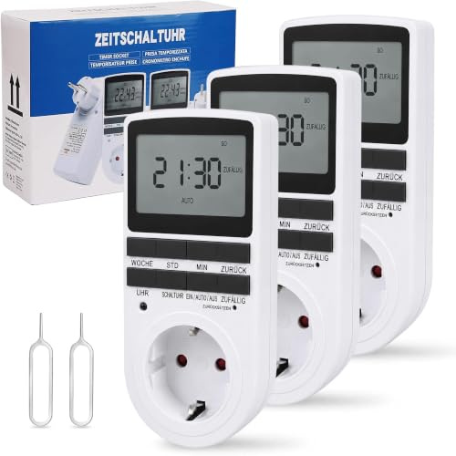 HappyGoo Nach Maß Deutsche Ausführung Zeitschaltuhr Digital - 3 PCS | Digitale Elektrische Zeitschaltuhr Steckdose mit Deutsche System und Tasten | 10 konfigurierbare Programme | 12/24h Modus