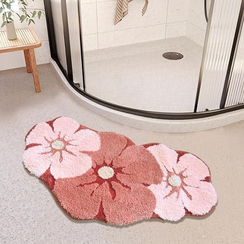 ZSHIFANG 50,8 x 99,1 cm gebogener Badteppich, niedliche rosa Eck-Badematte, Mikrofaser, lustige Blumenform, Badematte für Badezimmer, rutschfest, weich, Kinder-Duschvorleger, wasserabsorbierend,