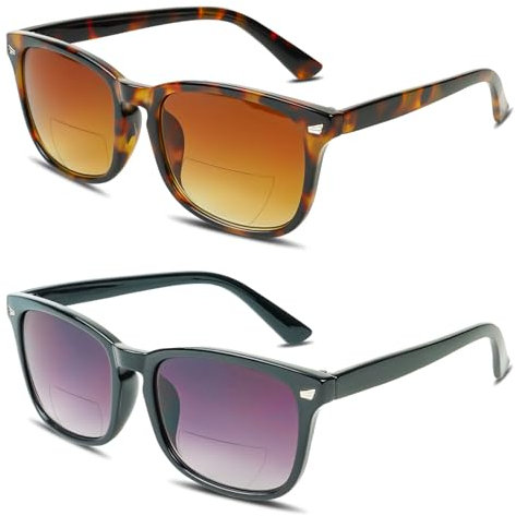 XOQ Bifocali Occhiali da Lettura Uomini Donne 2 Pacco Telaio Comfort Classic UV400-occhiali da Sole Luce Anti-Blu (Nero+Marrone, 2.0)
