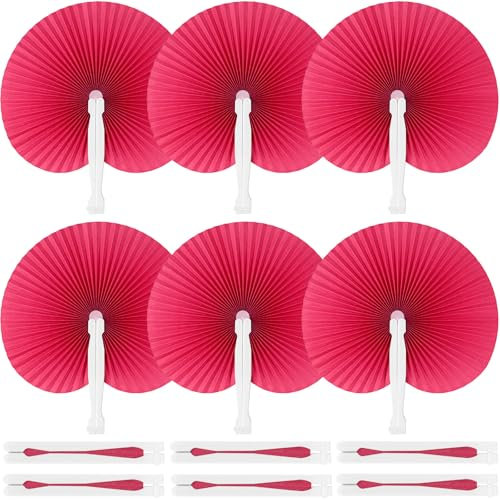JOHOUSE Decorative Round Hand Fan Foldable, 12 Packs Rose Red Folding Fans Handheld Chinese and Japanese Style Crafts for Wedding, Dancing, Party Favors DIY Decoration