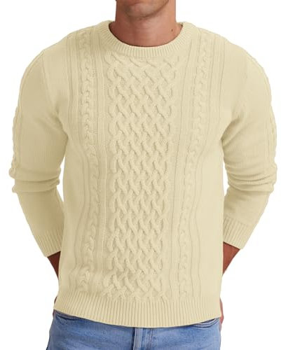 Hisir Mens Winter Thick Cable Knit Jumpers Casual Crew Neck Warm Long Sleeve Pullover Sweater Tops for Men (Beige, S)