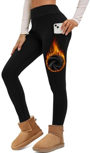 Havideto Thermo Leggings Damen Winter High Waist Fleece Gefüttert Leggins Warme Dicke Plüsch Leggings Stretch Blickdicht mit Taschen Schwarz L