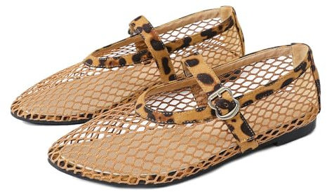 HKFBHFKM Zapatos Planos de Ballet de Malla Para Mujer, Bailarinas de Rejilla con Hebilla Y Correa, Zapatos de Ballet de Malla Anchos, Zapatos Planos Informales de Verano(Leopard print,42 EU)