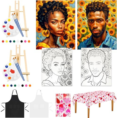 EVNEED 13 Pcs Sip and Paint Kit Valentines Couple Painting Kit Supplies Canvas Painting Art Painting Set Pre Drawn Blank Stretch Canvas Kit for Couple Date Night Party (8x10 inch)