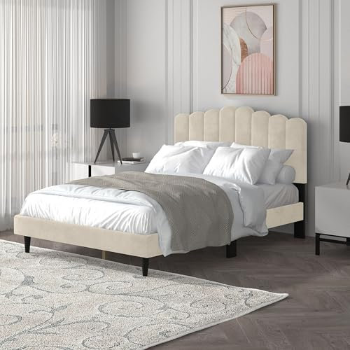 Galano Emely Upholstered Double Bed – Fabric Headboard – Wooden Slat Base – Sturdy Frame – Easy Assembly – Beige