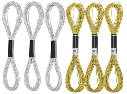 ZHjuju Filati da Ricamo Metallico,6 Matasse Fili per Punto Croce Filo da Ricamo Oro e Argento Glitterato Filo da Ricamo Filo per Punto Croce per Bracciali dell'Amicizia DIY Filo da Ricamo Artigianato