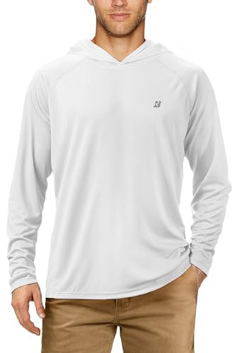 Roadbox Men's Sun Protection Swim Hoodie Long Sleeve, Quick Dry Fishing Shirts Lightweight, UV SPF 50+ Breathable Running Tops for Gym Sports Hiking White