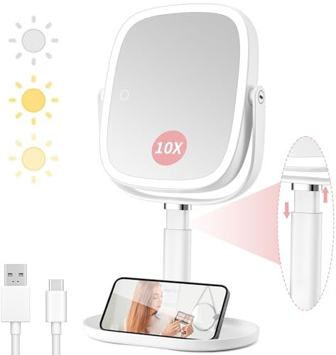 Vanexiss Magnifying Makeup Mirror with Light, Large 1X/10X Vanity Mirror, Rechargeable 3 Color Lighting Modes, Adjustable Stand, 360°Rotation and Detachable Desk mirror, for Desktop & Makeup