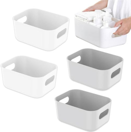 WZHHDM 4PCS Plastic Storage Baskets with Handle, 21×14×7 cm Kitchen Cupboard Organiser, Cupboard Storage Organiser for Bathroom, Kitchen, Fridge, Cupboard, Office - White+Gray