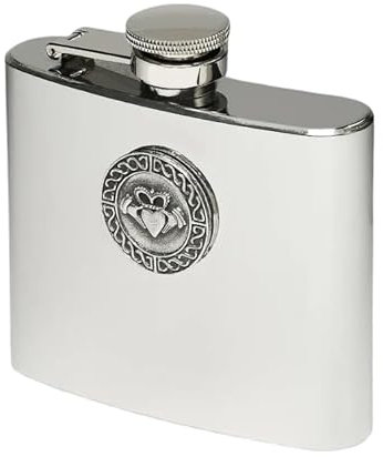 Briomhar Round Irish Pewter Whiskey Flask - 5 Fl Oz Stainless Steel Hip Flask - Claddagh