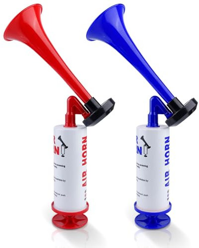 2 Pcs Signalhorn Air Horn, Luftbetriebenes Horn, Druckluftfanfare, Laut Sound Signalhorn Hand, Tröte für Fußballspiele, Camping, Karneval, (Rot + Blau)