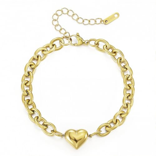 Emibele Gold Herz Charme Armband für Frauen, Edelstahl Nicht anlaufen 18K Gold plattiert Charme Armband, einstellbare Puffy Herz Anhänger Schmuck, Mode-Schmuck Geschenke für Valentinstag Mothers Day