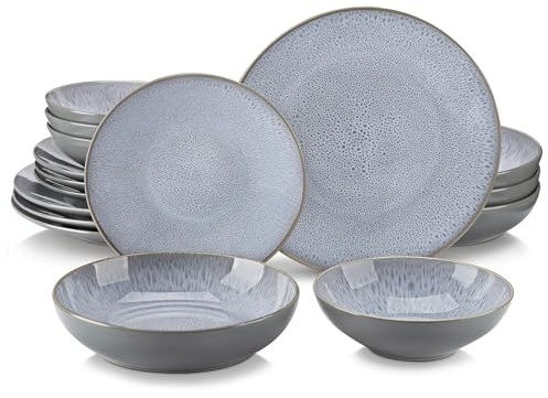 Bowls Set 16/32/48 Piece Embossed Stoneware Tableware Set with Dinner/Dessert Plate/Soup Bowl/Mug Service for 4/8/12 Person for Kitchen(16 PCS)