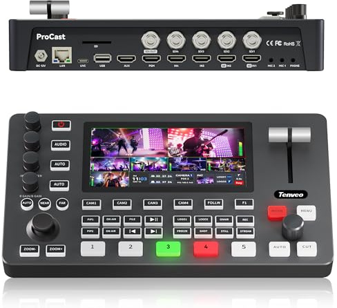 Tenveo Video Mixer Switcher, 4K 60FPS Live-Streaming-Videomischer, 5,5-Zoll-FHD-Bildschirm, 4X SDI und 4X HDMI Eingänge, 1080P 60FPS Ausgang, USB-Aufnahme, PTZ-Kamera- und Controller-Unterstützung
