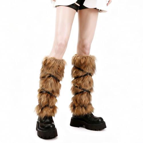 XEPST Calentadores de Piernas Peludos de Piel Sintética para Mujeres Hombres, Calentadores Vikingos Puños de Piel Cálida Accesorio de Cosplay para Disfraz Medieva, Marrón con puntas marrón oscuro