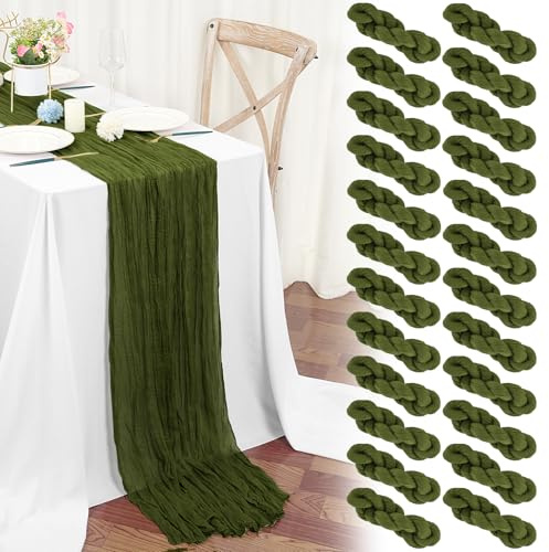 Teruntrue 24 Stück Tischläufer Olivgrün 45x275 cm Boho Gaze Käsetuch Tischläufer für Hochzeit, Party, Babyfeier, Brautshower, Geburtstag-Dekorationen