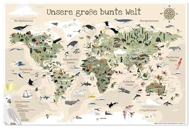 Close Up Kinder-Weltkarte XL Poster - Beige Version - Unsere große Bunte Welt in in gedeckten Farben - 61 x 91,5 cm - handgezeichnete & colorierte Kinderweltkarte