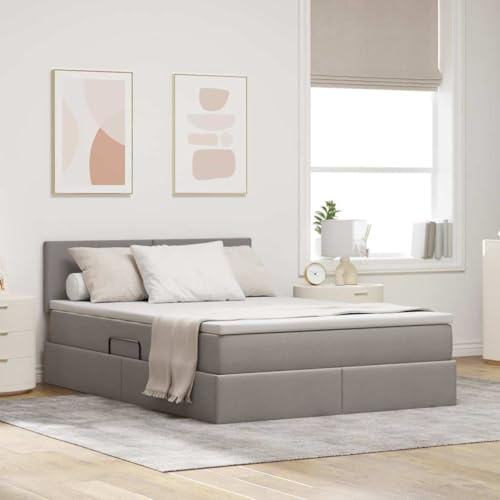 Qnhdfrt Doppelbett 140x190 cm Taupe mit LED und Stauraumlift Modernes Polsterbett aus Stoff Metallrahmen robust und langlebig für Jugendzimmer Gästezimmer Einrichtung
