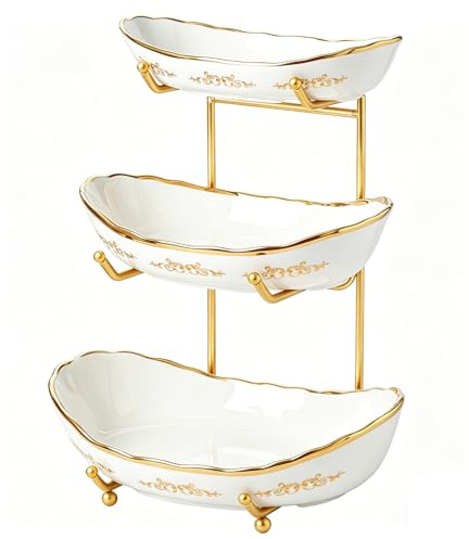 DUJUST 3 Tier Fruit Bowl, Luxury Ceramic Fruit Stand with Gold Scrollwork, Stackable & Easy to Store, Multifunctional Serving Tray for Fruit/Vegetables/Snacks - White Gold