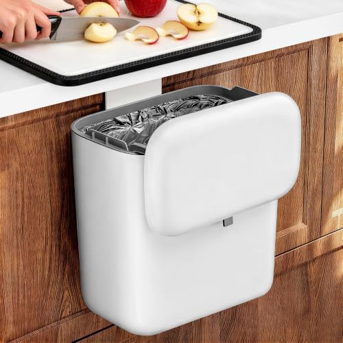 Food Waste Bin with Lid, Hanging Food Waste Caddy for Kitchen Cupboard Door | 7L Compost Bin for Cabinet Door, Under Sink or Worktop, Wall-Mounted Design; Slide the Lid Open for Daily Meal Prep