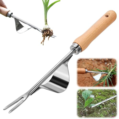 Generisch Unkrautstecher Edelstahl, 2026 Neu Wurzeljäter mit Holzgriff, Unkrautentferner Länge 30cm, 2-in-1 Unkrautrechen und Gartenhacke, Garden Hand Weeder zum Graben, Jäten, Lösen (1PC)