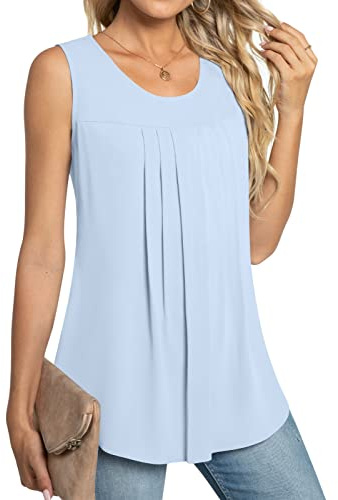 POPYOUNG Ladies Tops Chiffon Blouse Summer Sleeveless Pleated Shirts