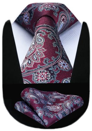 HISDERN Herren Krawatte Blumen Paisley Krawatte & Einstecktuch Set Burgund Weip