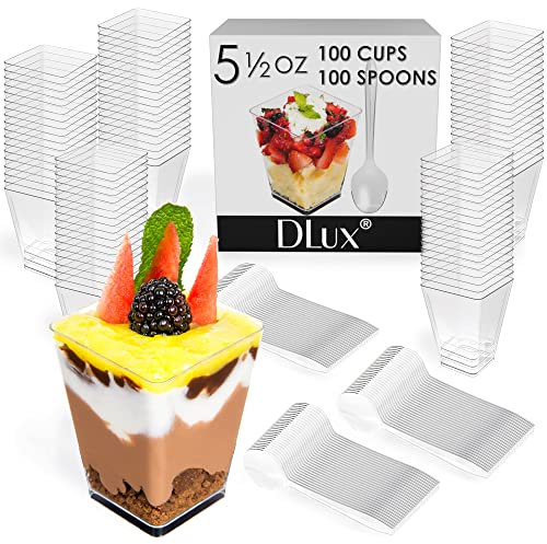 DLux Dessert Cups with Spoons, 160 ml 100 Pcs - Clear Plastic Parfait Appetizer Cups, Square Large Reusable Shot Glass Bowl for Party Desserts Appetizers - with Recipe Ebook