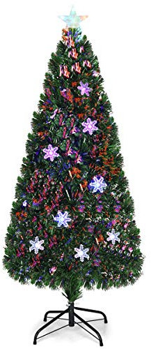 GOPLUS Árbol de Navidad Artificial de 120/180cm con Copos de Nieve Fibra Óptica LED, Árboles de Abeto Decoración Navideña con Soporte de Metal (180cm Verde)