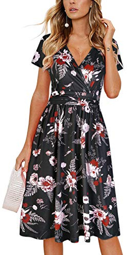 OUGES Women's Summer Short Sleeve V-Neck Floral Casual Ladies Dress with Pockets (Floral04,M)