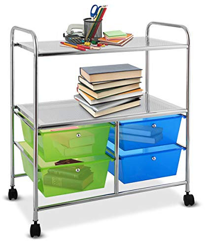 COSTWAY Rollwagen mit 4 stapelbaren Schubladen, Schubladenwagen Rollcontainer mit Metallgestell und Ablageflächen, Badrollwagen Aufbewahrungswagen für Büro, Wohnzimmer