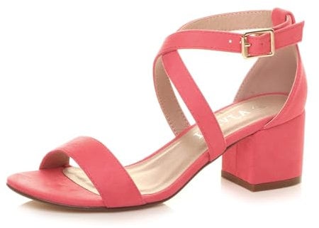 Ajvani Womens Ladies mid Low Block Heel Cross Straps Party Strappy Sandals, 6 UK, Coral Suede