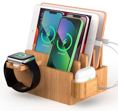 Bamboo Charging Station Organizer for Multiple Devices, Desktop Docking Rack for Cell Phones, Tablet, Smart Watch, and Earbuds, Natural Bamboo