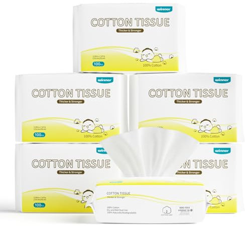 Winner Lot de 600 lingettes sèches 100 % coton, certifiées USDA, douces et douces, hypoallergéniques et non parfumées pour la peau sensible des bébés, à utiliser humides/sèches pour changer les