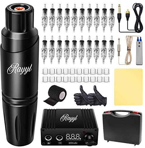 Rayyl Tattoo Machine Pen Kit - Includes Motor, Mini Power Supply, Grip Tapes, Transfer Paper, Fake Skin, Foot Pedal and Carrying Case, for Beginners and Artists