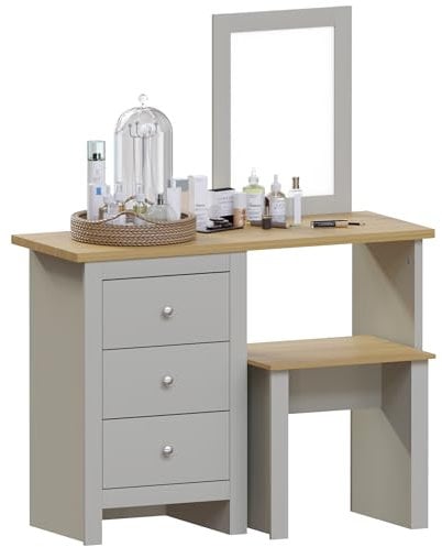 Vida Designs Arlington Dressing Table 3 Drawer Stool Mirror Vanity Set Bedroom Makeup Grey