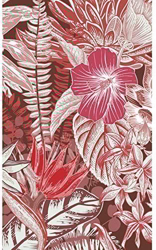 PLAGE Papier peint intissé floral rouge, motif jungle tropicale, 250 cm X 150 cm, feuillages et fleurs.