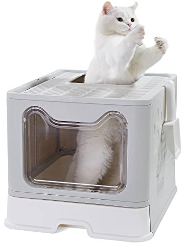 Pawsayes Katzentoilette, Faltbar Katzenklo mit Deckel Inklusive Scoop, Große Kapazität Leicht zu Reinigen Klappbare Katzentoilette mit ausziehbarer Schale und Streuschaufel