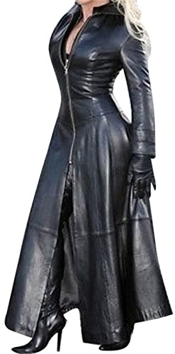 Trench da Donna Cappotto Lungo da Donna in Ecopelle Nera Giacca in Pelle con Vita con Borchie alla Moda