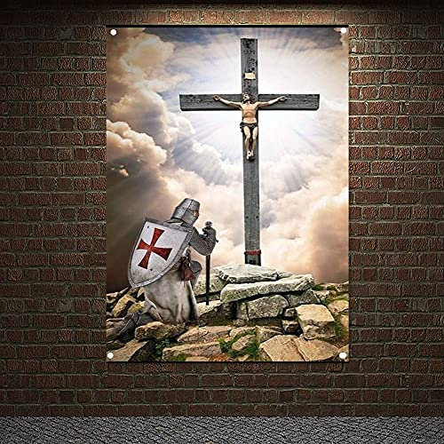 Ancient Military Art Banner Flaggen, montiertes Templer lädt sich in den Kampf Poster auf Leinwand, Malerei, Tempelritter, Wandbehang, 96 x 144 cm