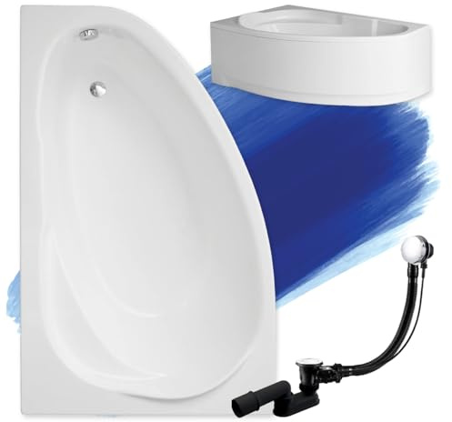 BADLAND Original Eckbadewanne Weiß Acryl Wanne Badewanne Marea 150x100 cm Links KOMPLET KOMPLETTSET SET Acrylschürze, Füßen und Premium Chrom Automatik Ablaufgarnitur Made in EU 4in1