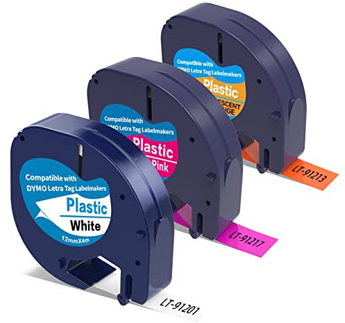 3 x Fluoreszierend Band als Ersatz für Dymo letraTag Plastic Etikettenband Selbstklebendes Etiketten Kompatible für Dymo Letratag LT-110T 100H QX 50 XR XM 2000