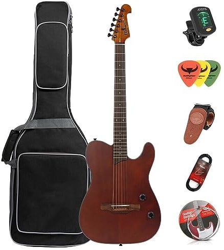 Acoustic Guitar Silent 6 String Travel Electronic Classical Guitar Portable Acoustic Steel String Guitars Acoustic Guitar Case Bag,Tuner, Picks, Strap, Steel Strings, Cable (Nature)