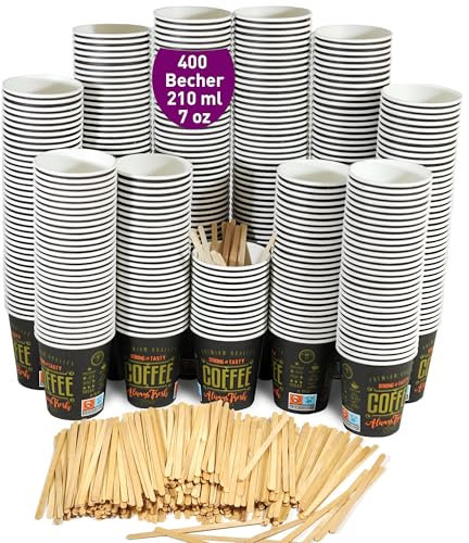 400 Vasos Desechables Café de Papel Cartón 210ml / 7 oz con Paletinas de Madera: Vasos para Café para Corto, Lungo, Expreso. Para Oficinas y Hogares