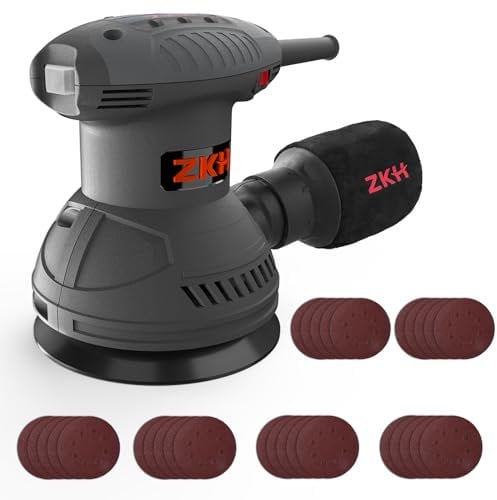 ZKH 350W Levigatrice Orbitale, 7000-14000 Giri/min, 6 Velocità Variabili, 30 Dischi Abrasivi, Disco Da 125mm,Raccolta Della Polvere,Levigatrice Elettrica Per Superfici In Legno E Acciaio