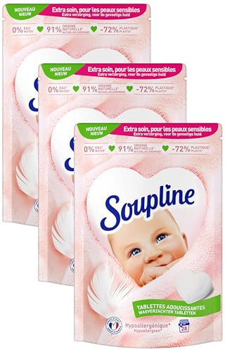 SOUPLINE - Tablettes Adoucissantes Cœurs Hypoallergéniques - 0% Parfum - 91% d'Ingrédients d'Origine Naturelle - Testées Dermatologiquement - 28 Tablettes : 28 Lavages (Lot de 3)