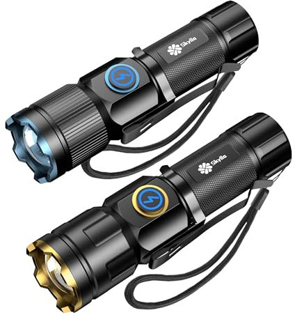 Skylla 2 Stück Taschenlampe klein aufladbar extrem hell torch Mini LED USB Wasserdichte IPX6 3000 Lumen 5 Licht Modi Variable Zoom HandfackelnTasche Blitz Für Camping, Gassigehen, Notfälle