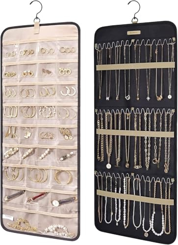 MoEnergy Hanging Jewelry Organizer Storage Roll with Hanger Metal Hooks Double-Sided Jewelry Holder for Earrings, Necklaces, Rings on Closet, Wall, Door 32 * 14IN