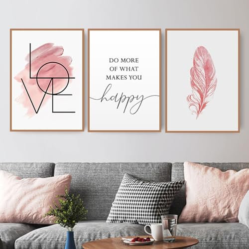 3er Set Abstrakt Poster,Mit Passenden Bildern im Farbigen Comic-Style,Bild mit rosa Federn und schwarzen Linien,Stilvolle Poster Wanddeko für Wohnzimmer & Schlafzimmer,Ohne Rahmen (30X40CM)